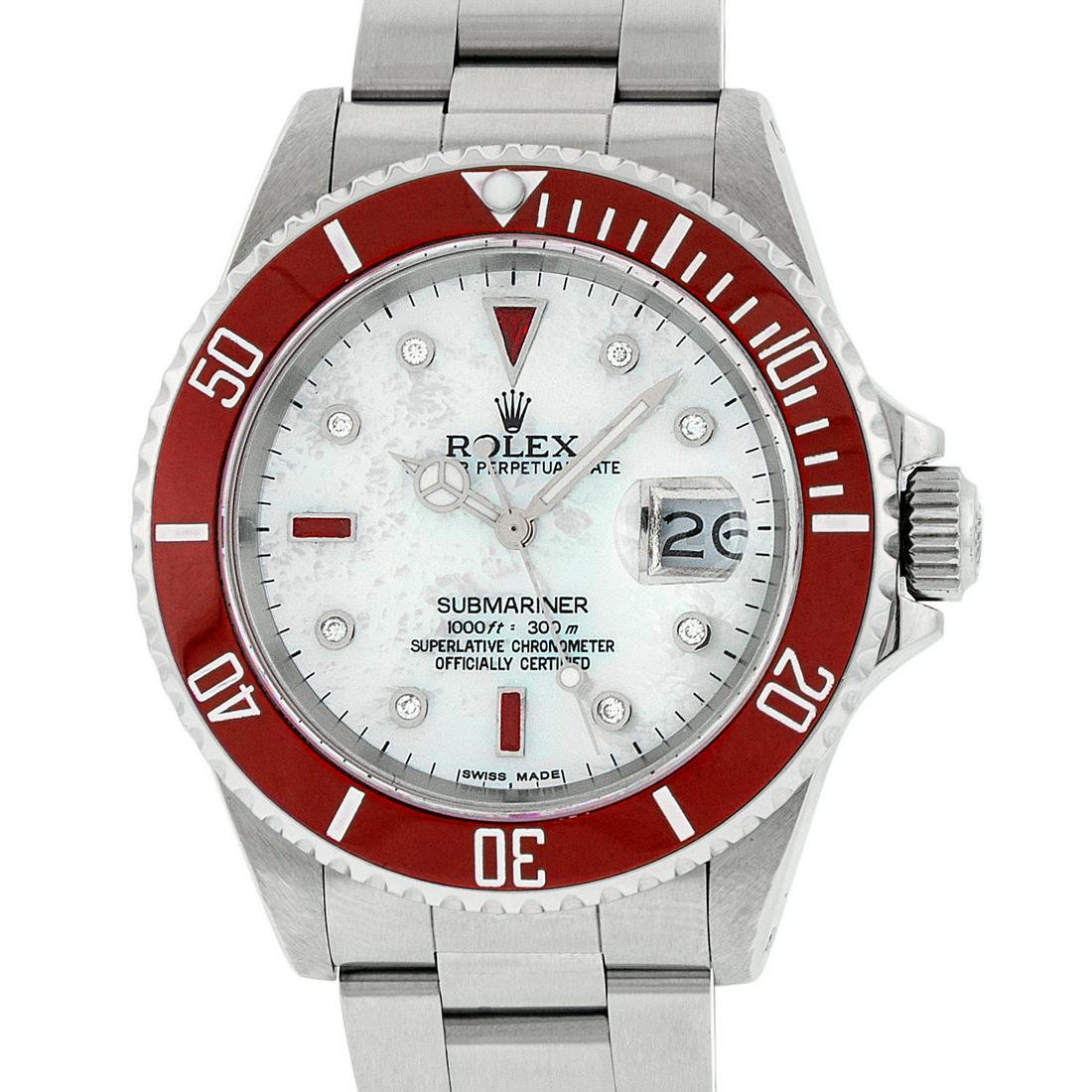 Rolex Mens Submariner 16610 Watch Stainless Steel MOP: Rolex Mens Submariner 40mm Stainless Steel with Custom MOP Dial set with aftermarket Diamond Hour Markers. Rolex Stainless Steel Rotatable Bezel with Aftermarket Red Insert. Rolex Automatic Movement w