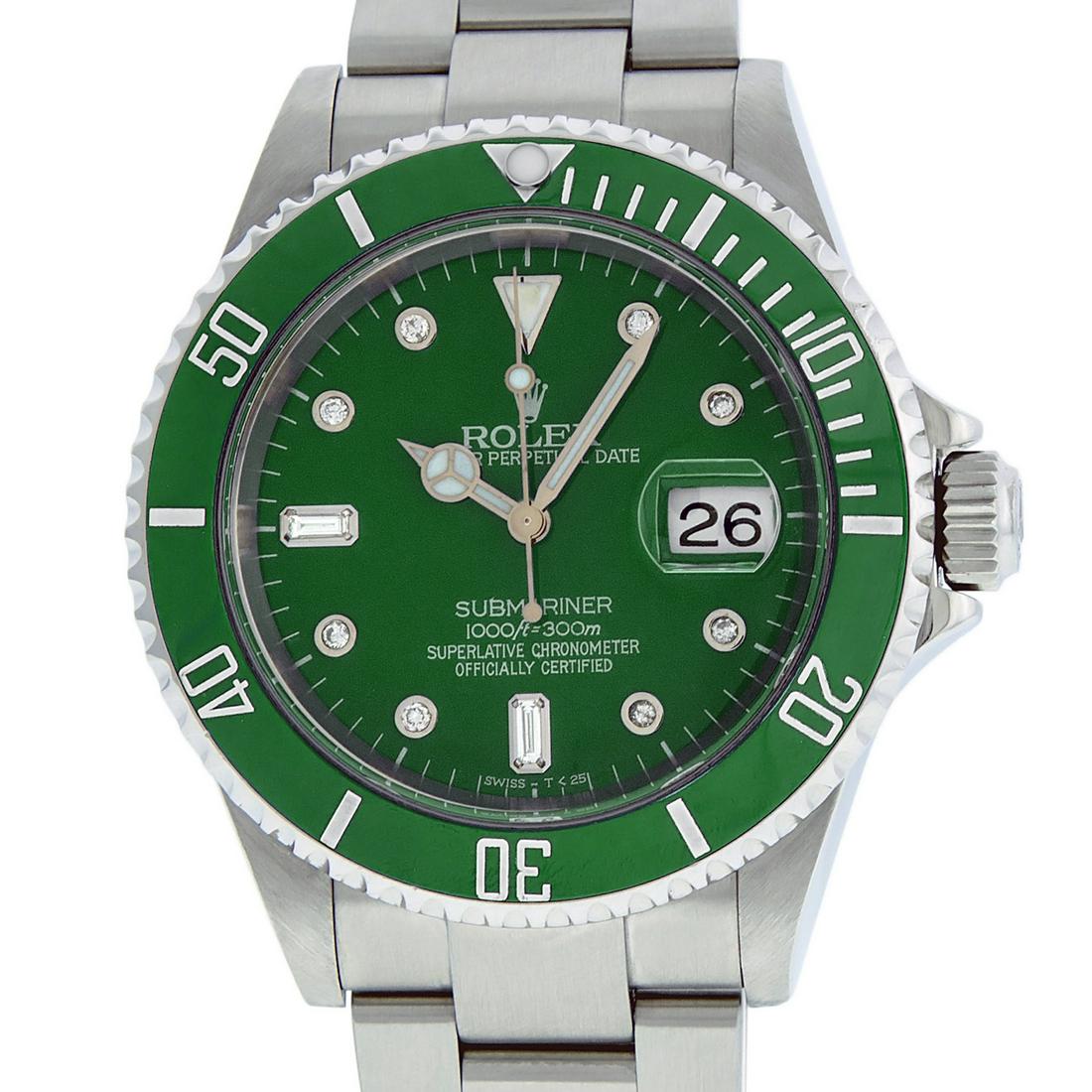 Rolex Mens Submariner 16610 Watch Stainless Steel Green: Rolex Mens Submariner 40mm Stainless Steel with Custom Green Dial set with aftermarket 8 Round 2 Baguette Diamond Hour Markers. Rolex Stainless Steel Rotatable Bezel with Aftermarket Green Ceramic Ins