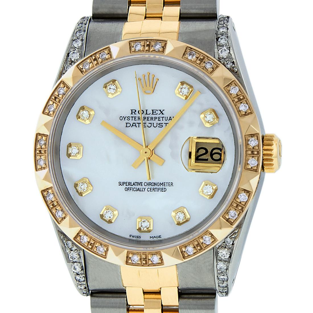 Rolex Mens Datejust Watch SS & 18K Yellow Gold MOP: Rolex Mens Datejust 36mm Stainless Steel with Custom MOP Dial set with aftermarket Genuine Diamond Hour Markers. Custom 18K Yellow Gold Pyramid Bezel with Genuine Round Diamonds. Rolex Automatic Movem