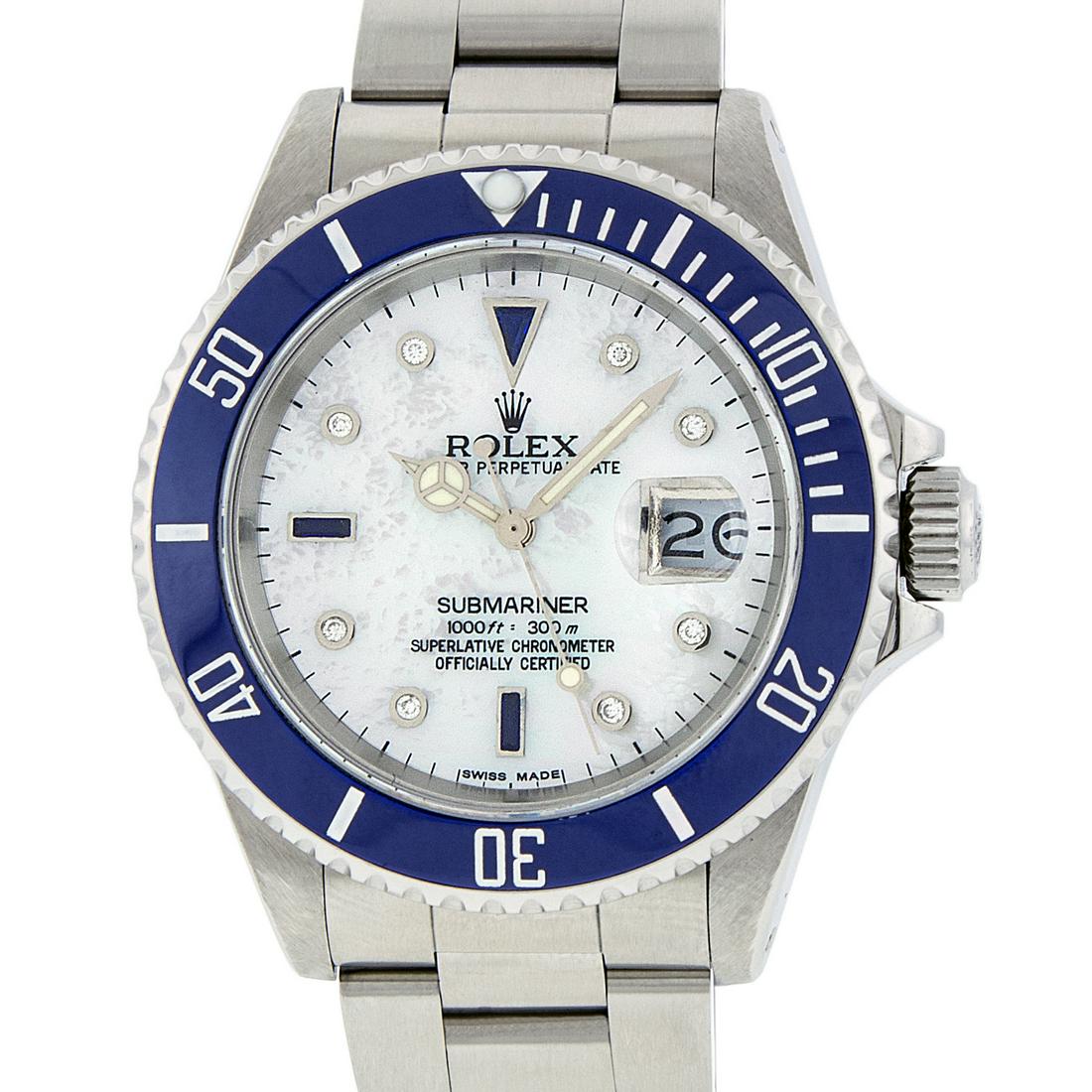 Rolex Mens Submariner 16610 Watch Stainless Steel MOP: Rolex Mens Submariner 40mm Stainless Steel with Custom MOP Dial set with aftermarket Round Diamond Hour Markers. Rolex Stainless Steel Rotatable Bezel with Aftermarket Blue Ceramic Insert. Rolex Autom