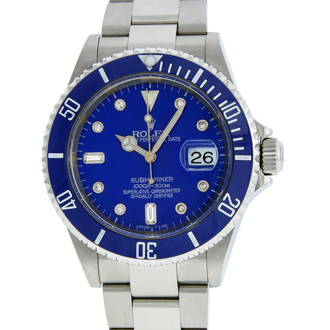 Rolex Mens Submariner 16610 Watch Stainless Steel Blue: Rolex Mens Submariner 40mm Stainless Steel with Custom Blue Dial set with aftermarket 8 Round and 2 Baguette Diamond Hour Markers. Rolex Stainless Steel Rotatable Bezel with Aftermarket Blue Ceramic I