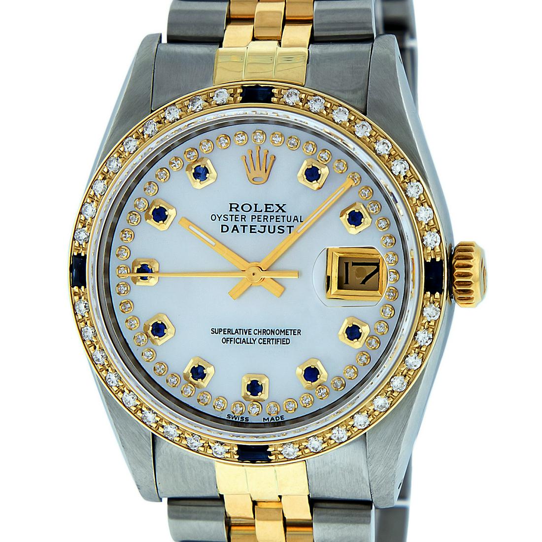 Rolex Mens Datejust Watch SS & 18K Yellow Gold MOP: Rolex Mens Datejust 36mm Stainless Steel with Custom MOP Dial set with aftermarket String Diamond/Sapphire Hour Markers. Custom 18K Yellow Gold Bezel set with Genuine Diamonds & Sapphire. Rolex Automa