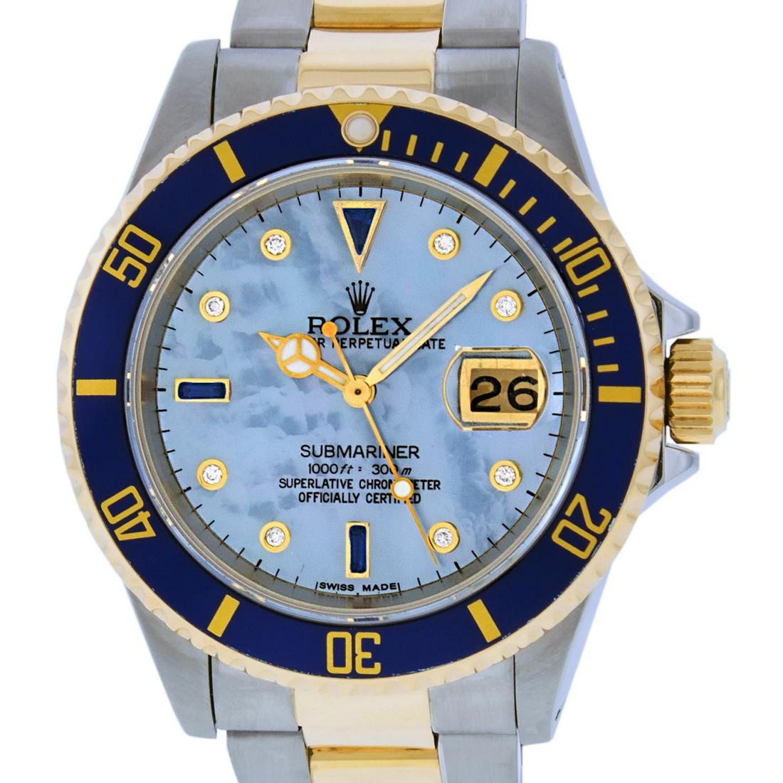Rolex Mens Submariner 16613 Watch SS & 18K Yellow Gold: Rolex Mens Submariner 40mm SS & 18K Yellow Gold with Custom Blue MOP Dial set with aftermarket Diamond Hour Markers. Rolex 18K YelloW Gold Rotatable Bezel with Aftermarket Blue Insert. Rolex Automatic