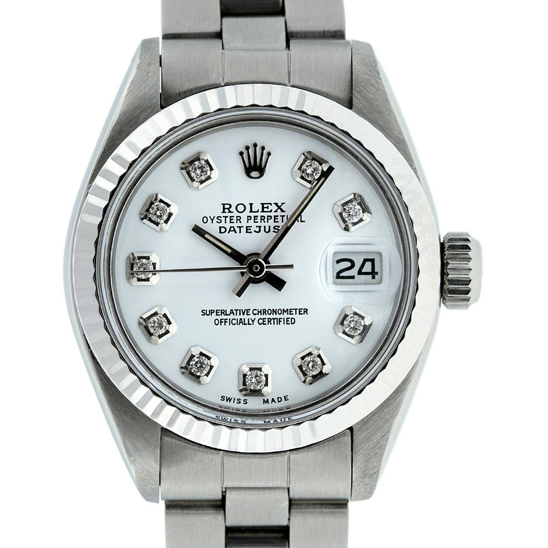 Rolex Ladies Datejust Watch SS & White Gold White: Rolex Ladies Datejust 26mm Stainless Steel with Custom White Dial set with aftermarket Genuine Diamond Hour Markers. Rolex White Gold Fluted Bezel. Rolex Automatic Movement with Acrylic Plastic Crysta