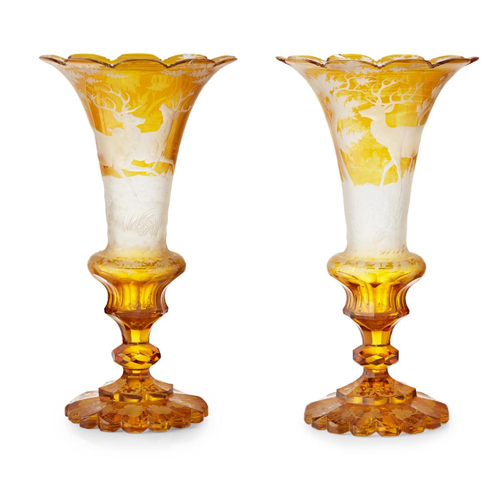 Pair Of Large Bohemian Engraved Glass Vases Oct 06 2019 Ny