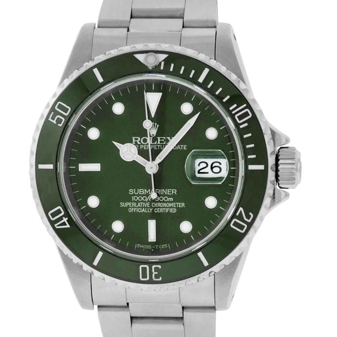 Rolex Mens Submariner 16610 Stainless Steel Green: Rolex Men Submariner 40mm Stainless Steel with Custom Green Dial set with Luminous Markers. Rolex Stainless Steel Bezel with Custom Green Ceramic Insert. Rolex Automatic Movement with Scratch Resistan