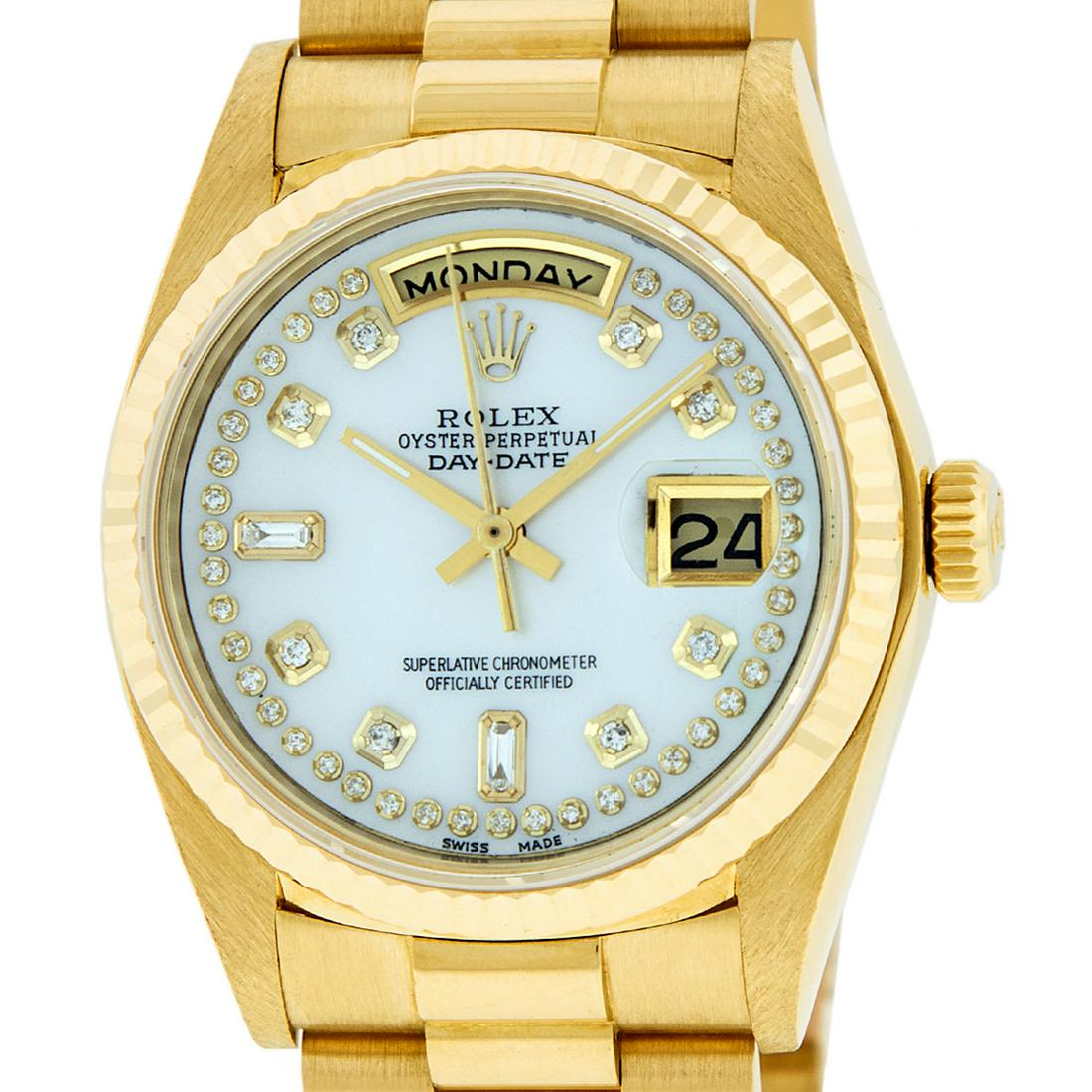 Rolex Mens Day-Date President Watch 18K Yellow Gold MOP: Rolex Mens Day-Date President 36mm 18K Yellow Gold with Custom Mother of Pearl Dial set with aftermarket String 8+2 Diamond Hour Markers. Rolex 18K Yellow Gold Fluted Bezel. Rolex Automatic Movement w
