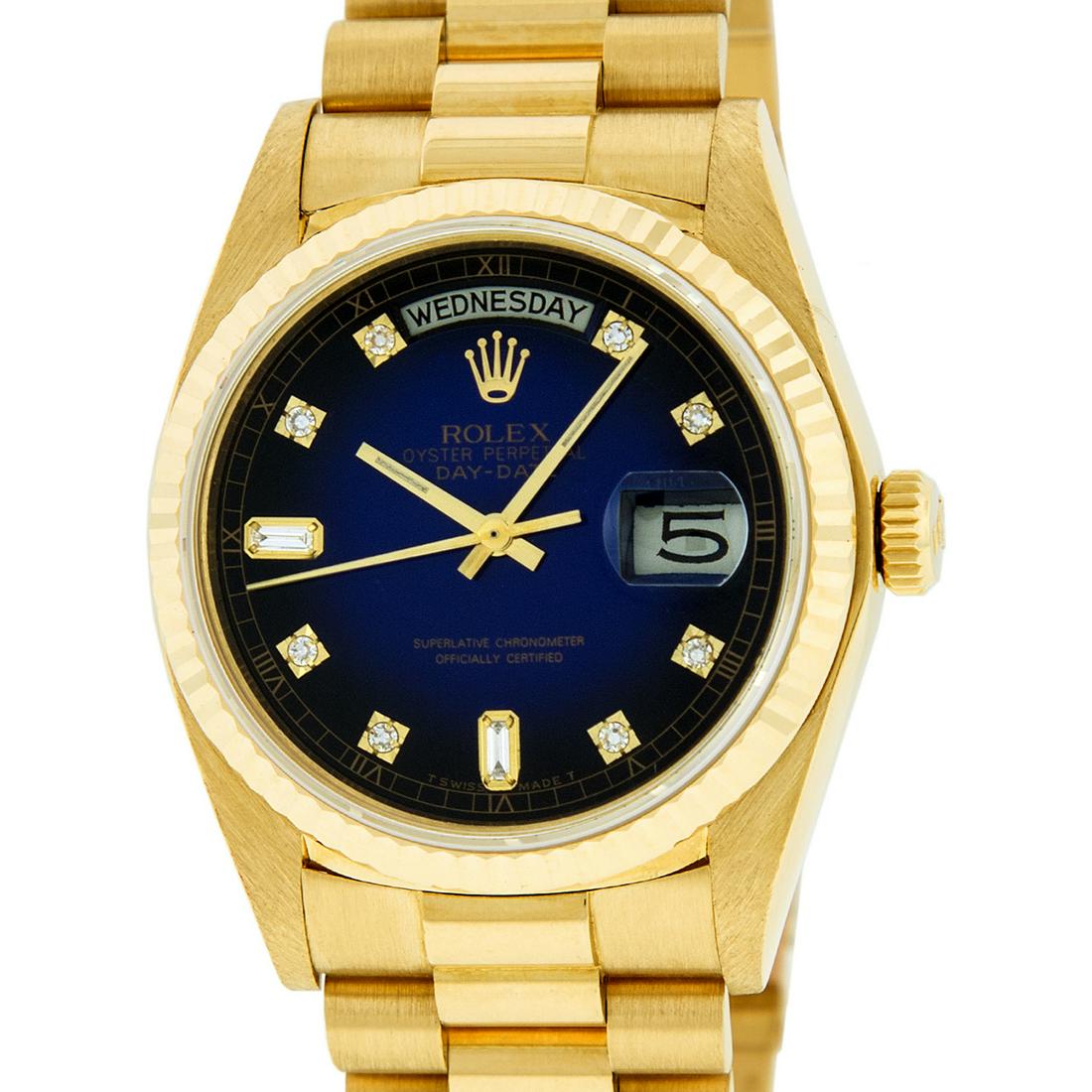Rolex Mens Day-Date President Watch 18K Yellow Gold: Rolex Mens Day-Date President 36mm 18K Yellow Gold with Custom Blue Vignette Dial set with aftermarket Diamond Hour Markers. Custom 18K Yellow Gold Bezel set with Genuine Round Diamonds. Rolex Automat
