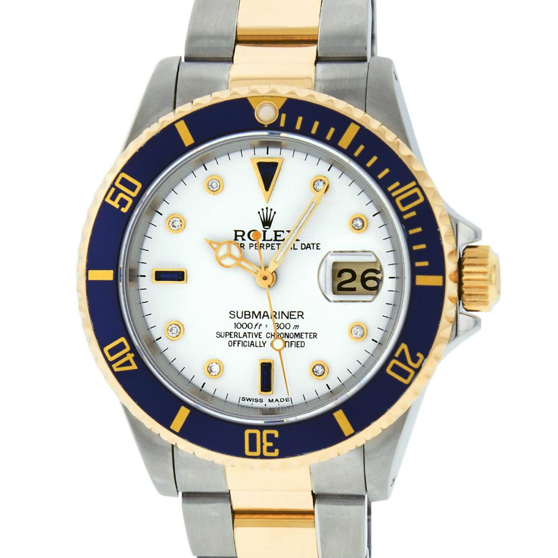 Rolex Mens Submariner Watch SS & 18K Yellow Gold White: Rolex Mens Submariner 40mm SS & 18K Yellow Gold with Custom White Dial set with aftermarket Diamond Hour Markers. Custom 18K Yellow Gold Bezel with Blue Insert. Rolex Automatic Movement with Scratch R