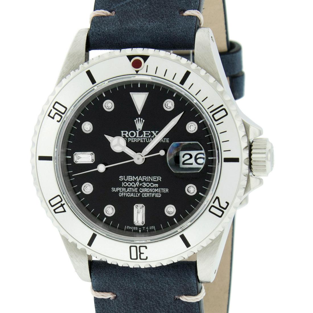 Rolex Mens Submariner 16610 Watch Stainless Steel MOP: Rolex Mens Submariner 40mm Stainless Steel with Custom MOP Dial set with aftermarket 8 Round Diamond Markers. Rolex Stainless Steel Rotatable Bezel with Aftermarket Black/Red Insert. Rolex Automatic M