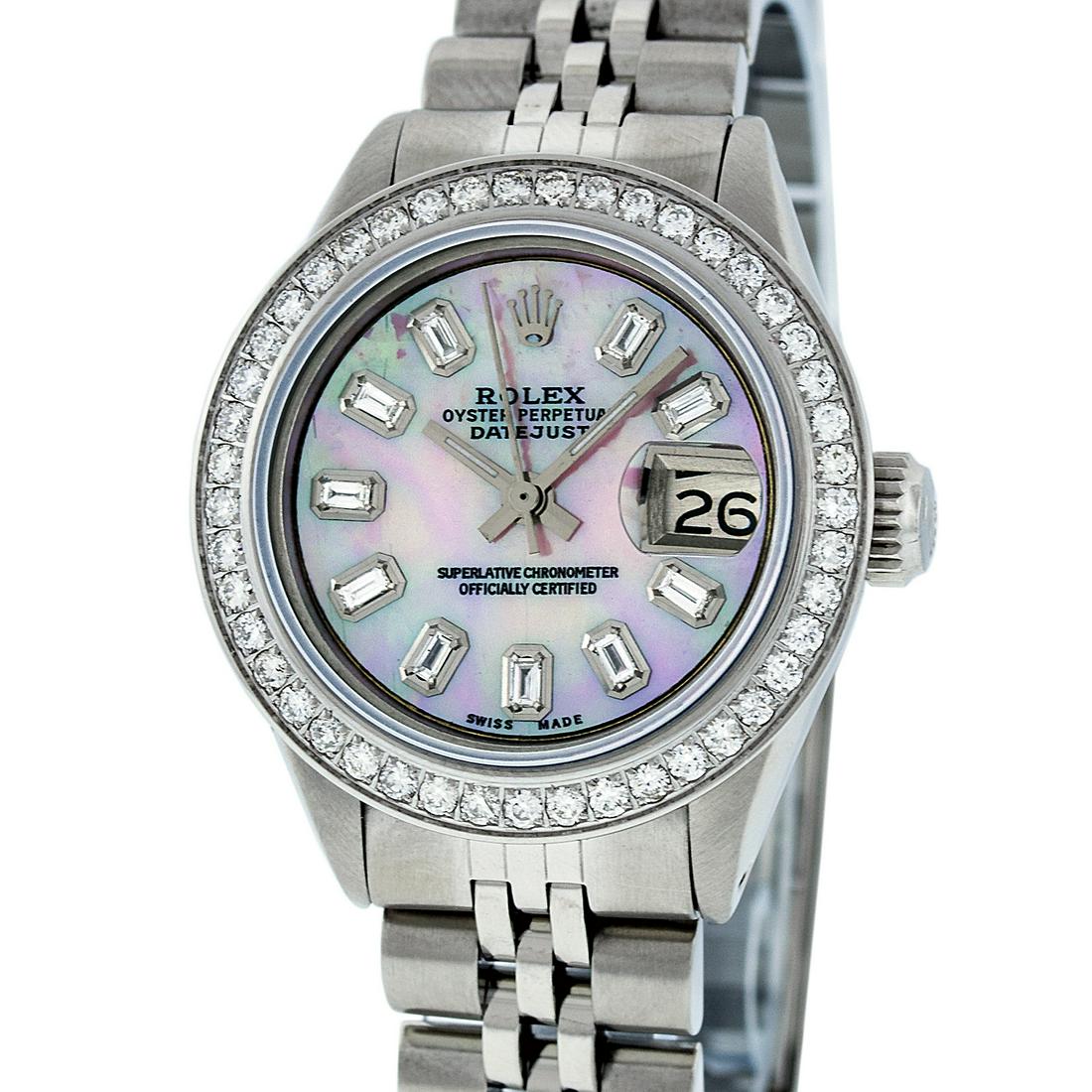 Rolex Ladies Datejust Watch Stainless Steel Pink MOP: Rolex Ladies Datejust 26mm Stainless Steel with Custom Pink MOP Dial set with aftermarket Baguette Diamond Hour Markers. Custom Stainless Steel Bezel with Genuine Round Diamonds. Rolex Automatic Movem