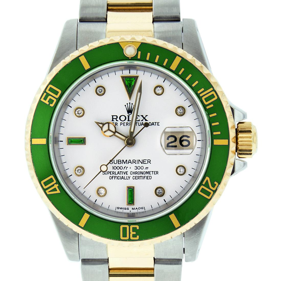 Rolex Mens Submariner 16613 Watch SS & 18K Yellow Gold: Rolex Mens Submariner 40mm SS & 18K Yellow Gold with Custom White Dial set with aftermarket Diamond Hour Markers. Rolex 18K YelloW Gold Rotatable Bezel with Aftermarket Green Insert. Rolex Automatic M