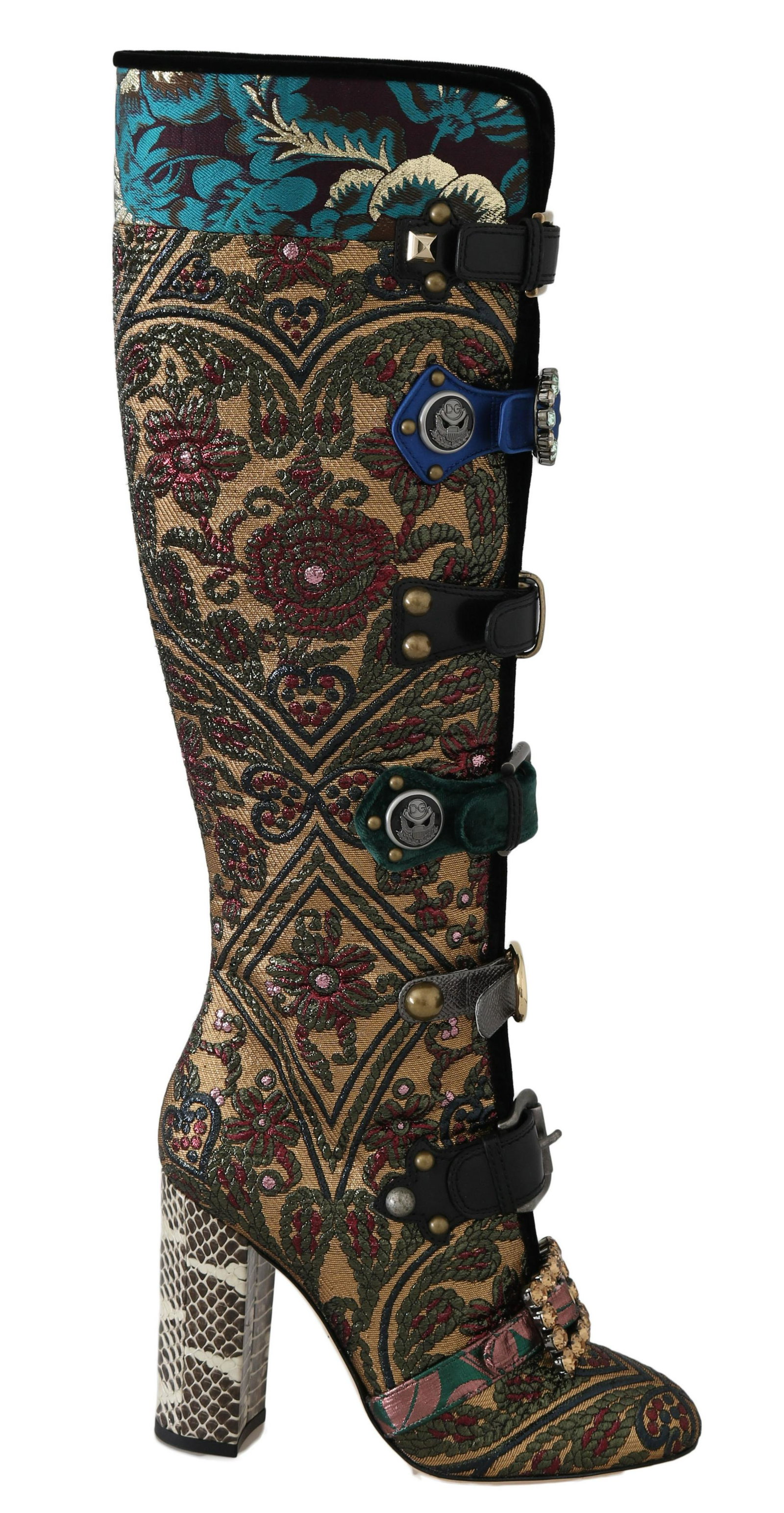 DOLCE & GABBANA GOLD GREEN JACQUARD CRYSTAL BOOTS: Brand: DOLCE & GABBANA Model: Knee-high boots Material: Jacquard, snakeskin on the heel Color: Gold green floral pattern Sole: Leather