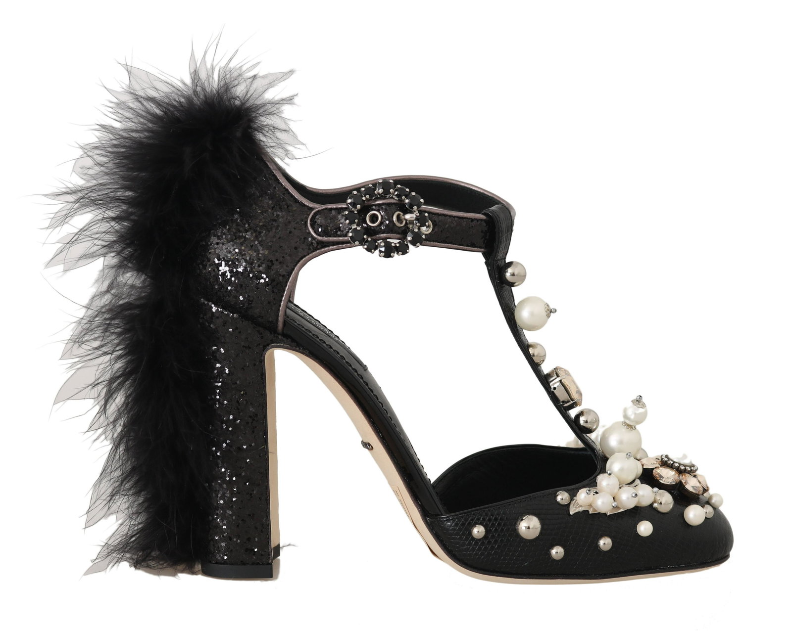DOLCE & GABBANA BLACK LIZARD LEATHER CRYSTAL PUMPS: Brand: DOLCE & GABBANA Model: T-strap ankle buckle block heels pumps Material: Lizard skin, fur, leather, crystal, sequins Color: Black Sole: Leather