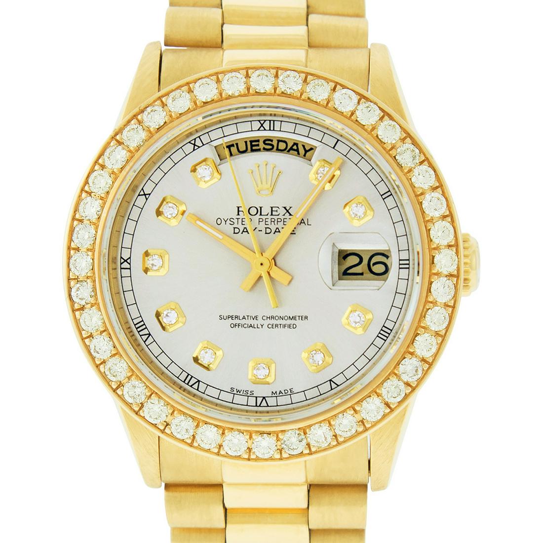 Rolex Mens Day-Date President Watch 18K Yellow Gold: Rolex Mens Day-Date President 36mm 18K Yellow Gold with Custom Silver Dial set with aftermarket Diamond Hour Markers. Custom 18K Yellow Gold Bezel set with Genuine Round Diamonds 2.7 CT. Rolex Automat