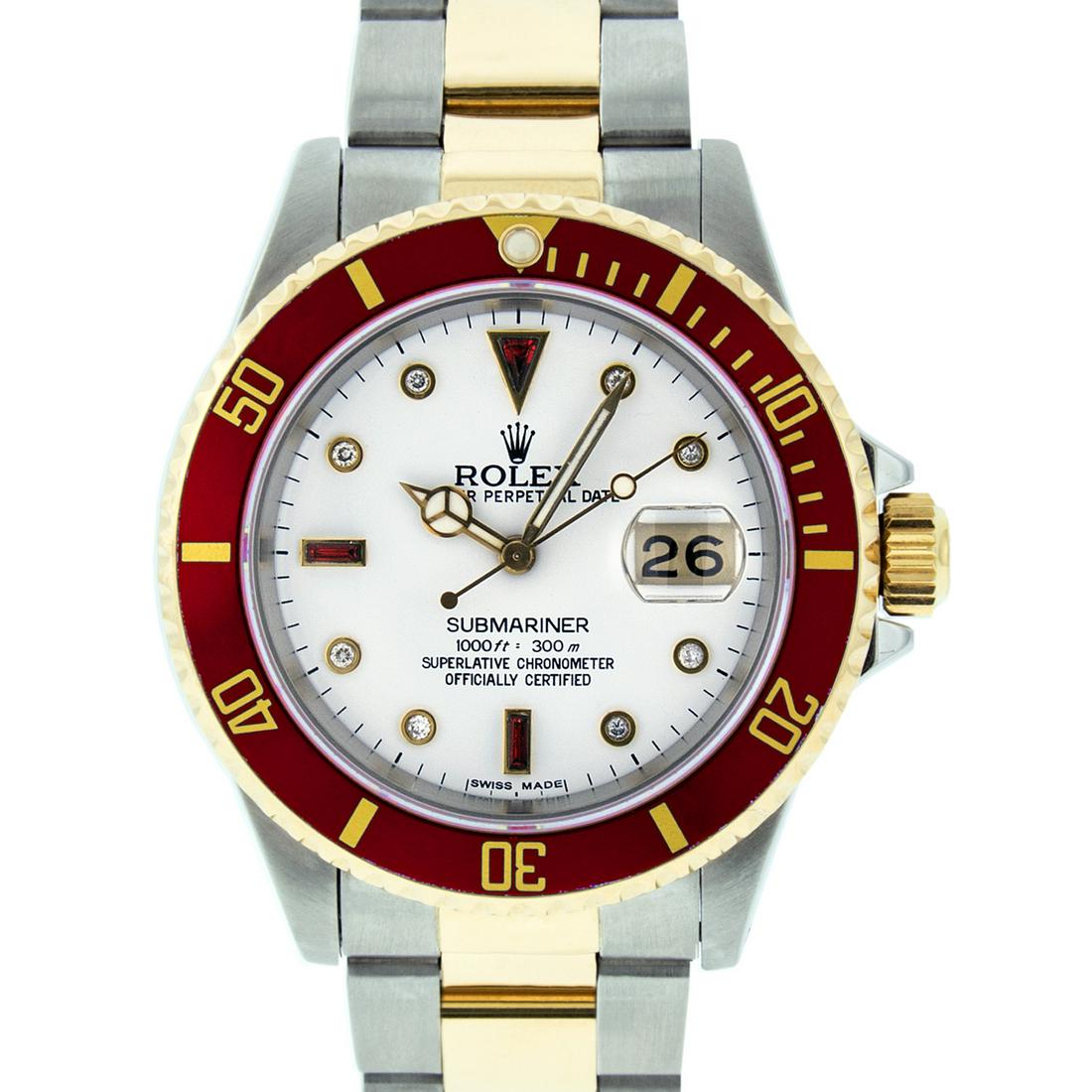 Rolex Mens Submariner Watch SS & 18K Yellow Gold White: Rolex Mens Submariner 40mm SS & 18K Yellow Gold with Custom White Dial set with aftermarket Diamond Hour Markers. Custom 18K Yellow Gold Bezel with Red Insert. Rolex Automatic Movement with Scratch Re