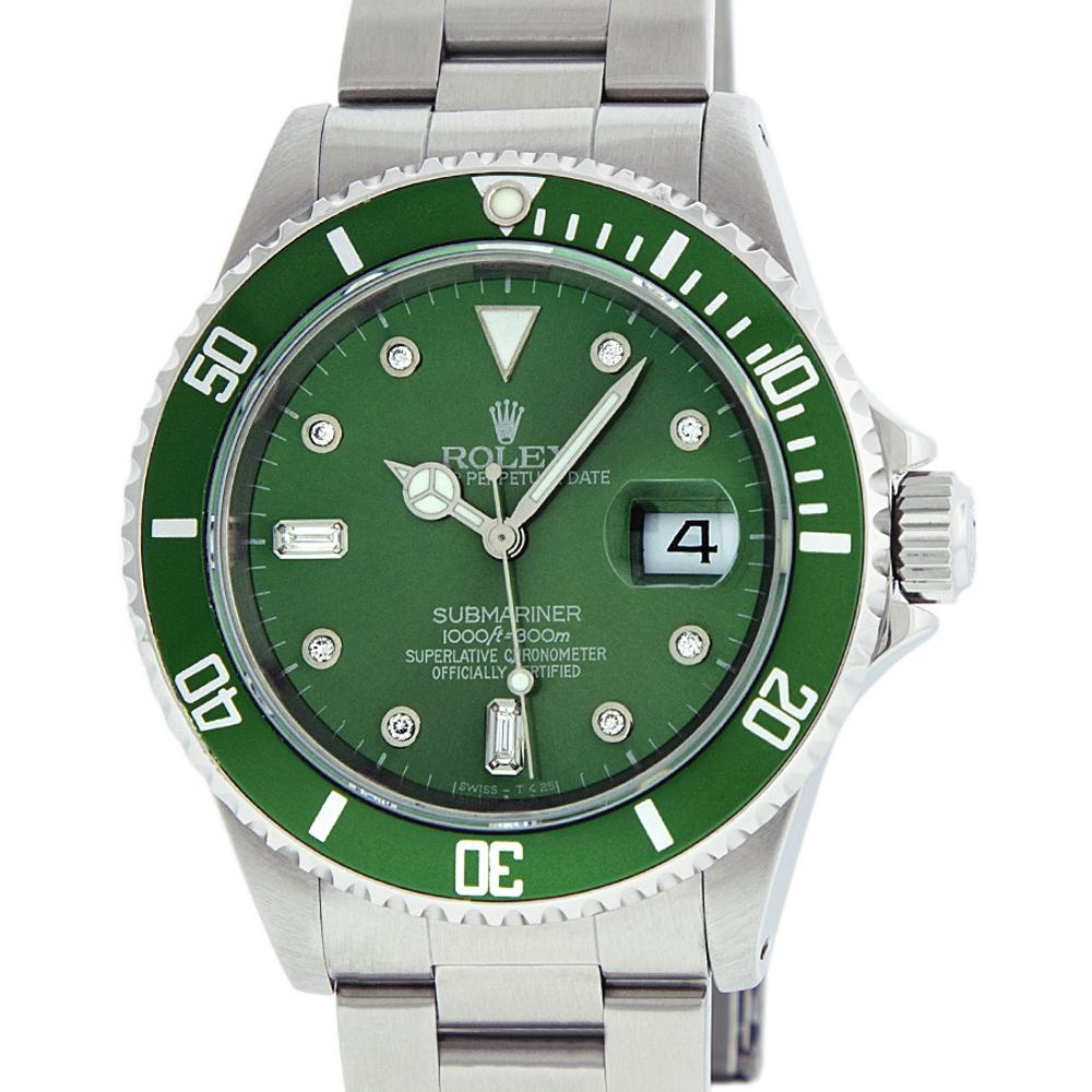 Rolex Mens Submariner 16610 Watch Stainless Steel Green: Rolex Mens Submariner 40mm Stainless Steel with Custom Green Dial set with aftermarket 8 Round 2 Baguette Diamond Markers. Rolex Stainless Steel Rotatable Bezel with Aftermarket Green Ceramic Insert.