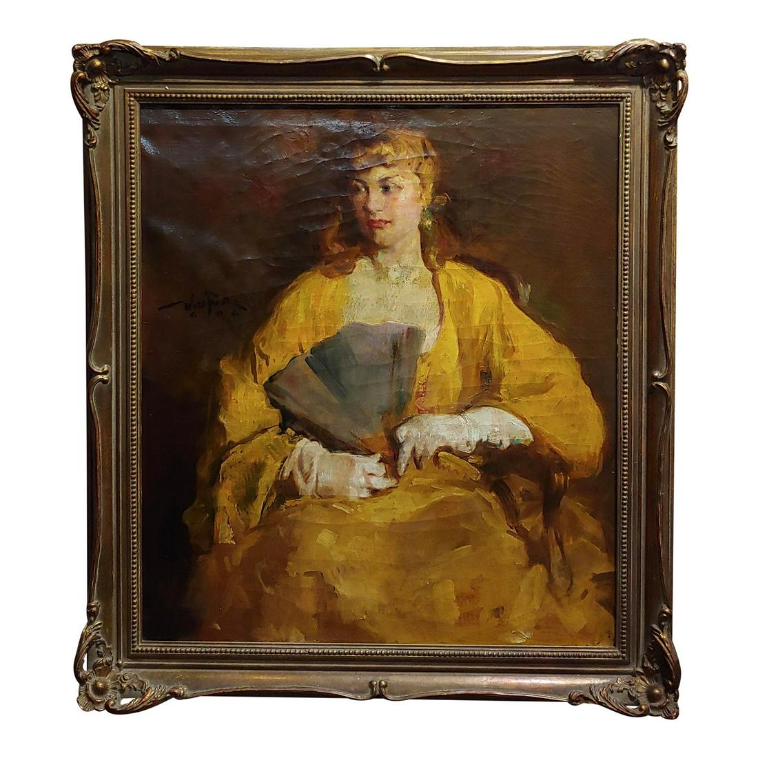 1940s "Woman Wearing White Gloves" Oil Painting by: William Frederick Foster -Woman wearing White Gloves- Oil Painting- c1940s oil painting on canvas -Signed circa 1940s frame size 38 x 44" canvas size 29 x 36" Period: 1940s Place of Origin: North Amer