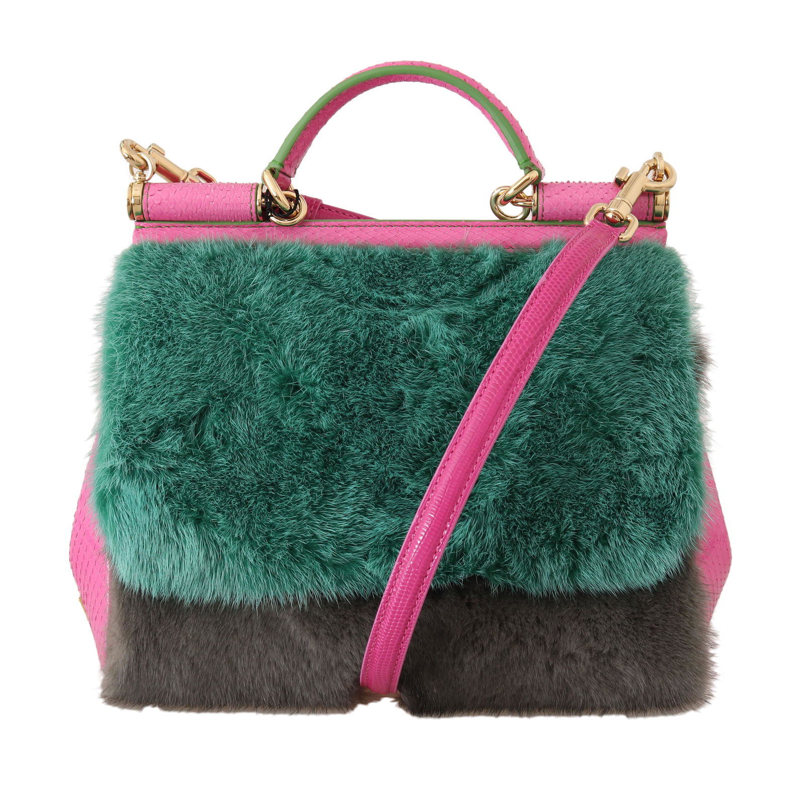 DOLCE & GABBANA GREEN BROWN MISS SICILY MINK FUR PINK: Brand: DOLCE & GABBANA Model: MISS SICILY, hand shoulder purse Material: 40% Snakeskin python, 60% Mink Fur Visone Color: Green, pink, brown, gold metal detailing Strap: 110cm Measurements: 20cm x 27c