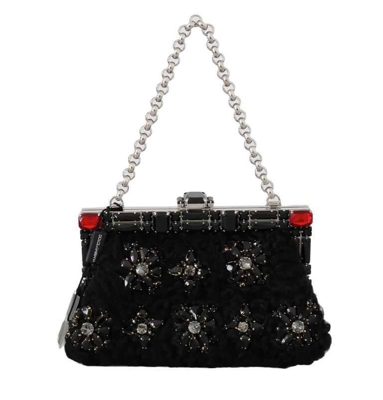 DOLCE & GABBANA BLACK CRYSTAL BAG VANDA CLUTCH BAG: Brand: DOLCE & GABBANA Model: Bag Vanda Style: Evening bag, shoulder hand clutch Material: 100% LeatherÂ astrakhan Color: Black with silver metal Strap: Silver chain that can be folded inside the ba