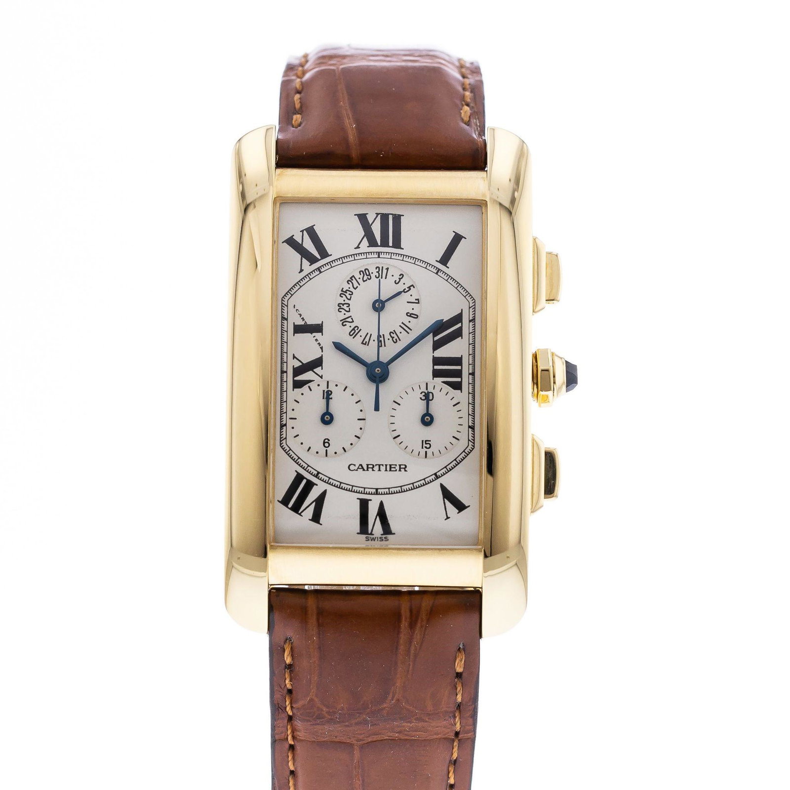 CARTIER TANK AMERICAINE QUARTZ CHRONOGRAPH W2601156: Brand: Cartier Model: Tank Americaine Case Size: 26.50mm Movement: Quartz Material: 18k Yellow Gold Band Material: Leather Box: No Papers: No