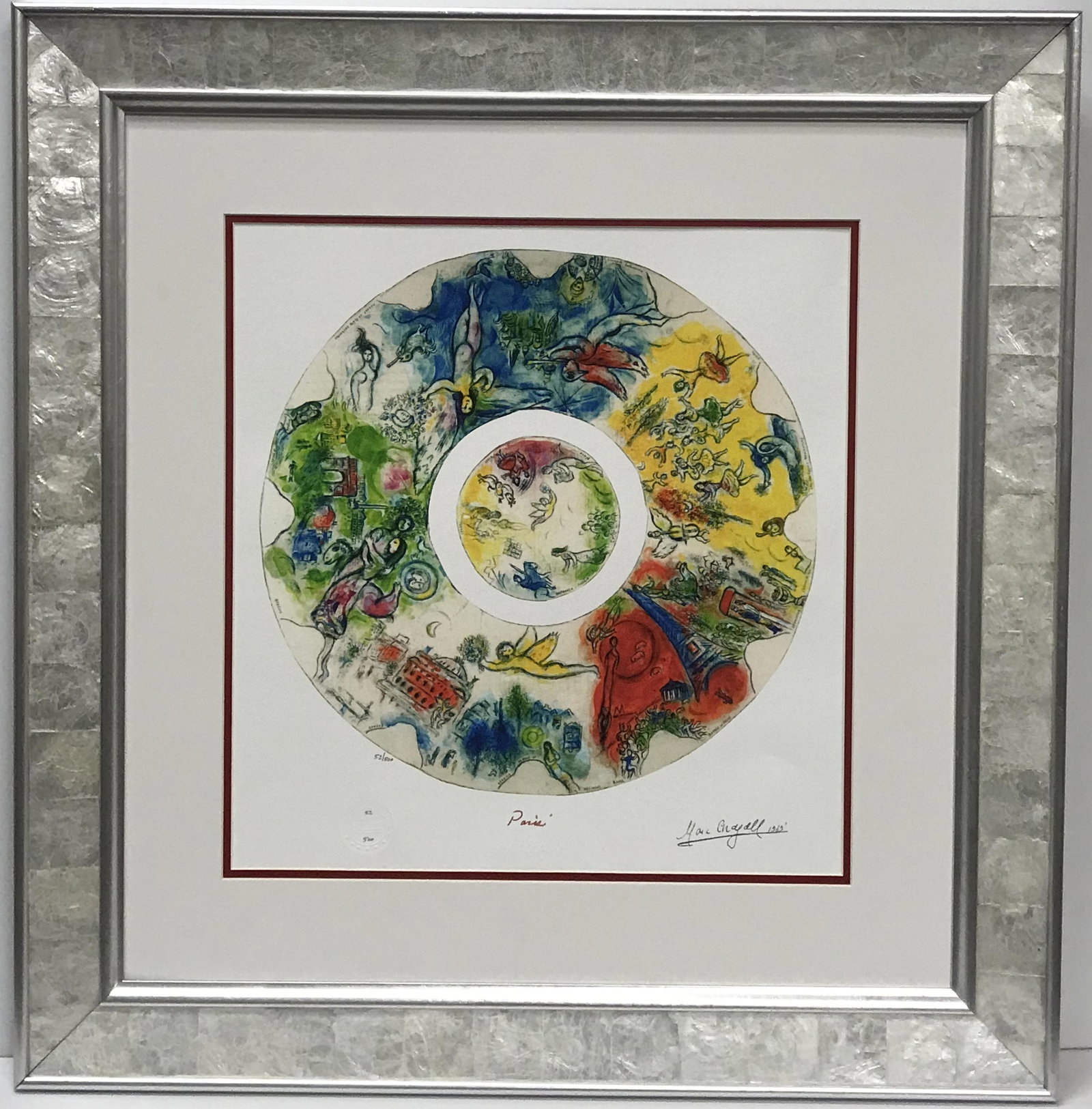After Marc Chagall Ceilling of Opera Paris Lithograph: After Marc Chagall (1887-1985 French) signed Lithograph. Numbered edition 52 of 500 on acid free archival paper. Stone signed lower margin with seal and stamp. Paper size 18 x 19 inches. Excellent con