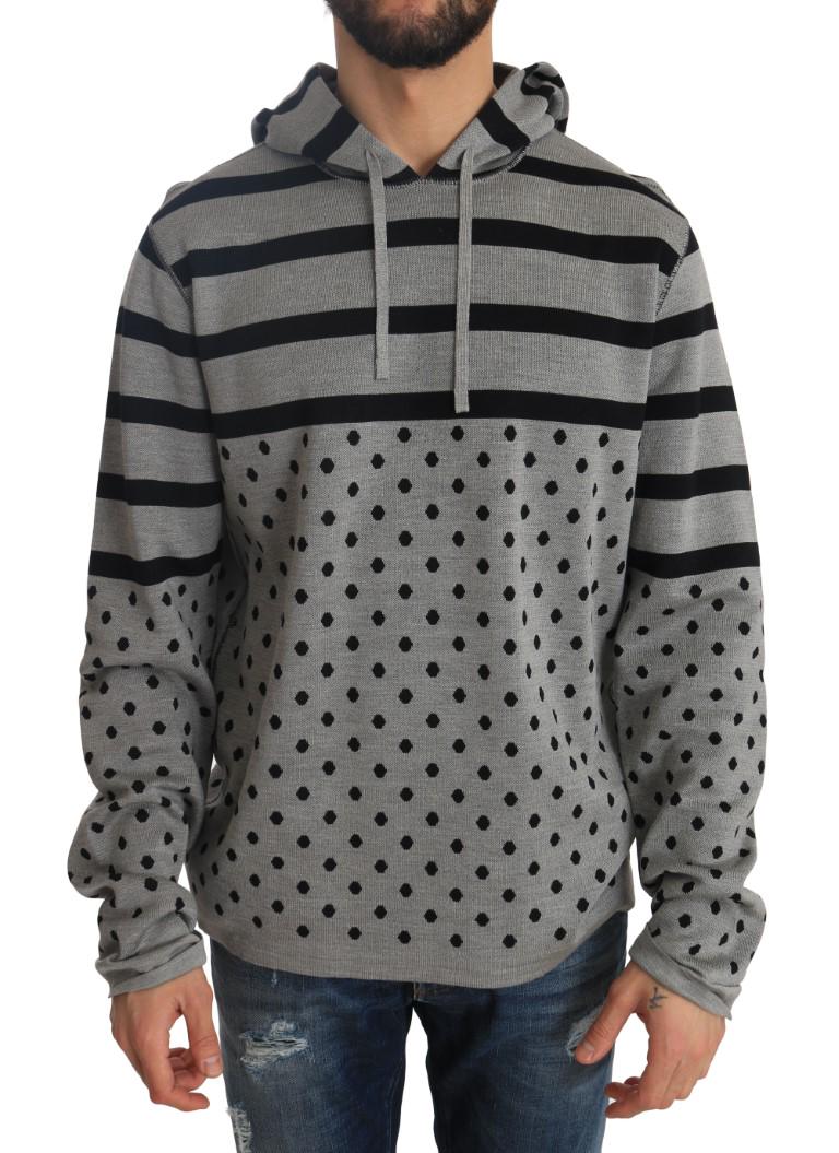 DOLCE & GABBANA GRAY COTTON BLACK HOODED PULLOVER: Brand: DOLCE & GABBANA Model: HoodedÂ sweater Color: Gray with black striped and polka dotted Material: 80% Cotton, 20% PL