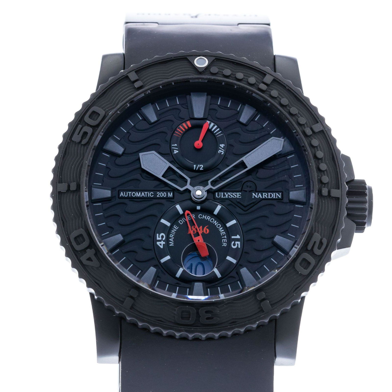 ULYSSE NARDIN MAXI MARINE DIVER LIMITED EDITION: Brand: Ulysse Nardin Model: Marine Diver Case Size: 42.70mm Movement: Automatic Material: DLC, Stainless Steel Band Material: Rubber Box: No Papers: No