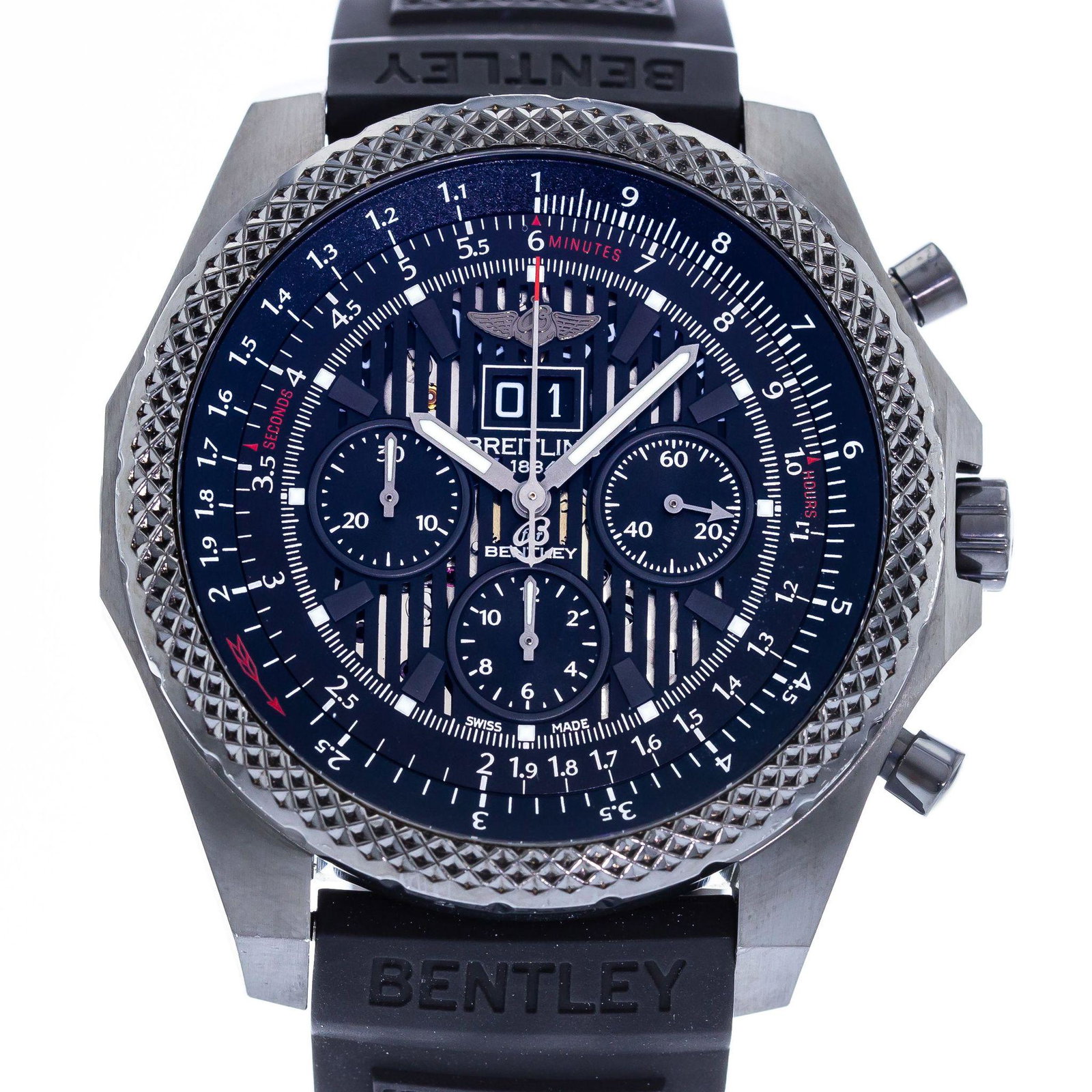 BREITLING BENTLEY 6.75 MIDNIGHT CARBON M44364 MEN'S: Brand: Breitling Model: Bentley 6.75 Case Size: 49mm Movement: Automatic Material: Blacksteel Band Material: Rubber Box: Yes Papers: Yes