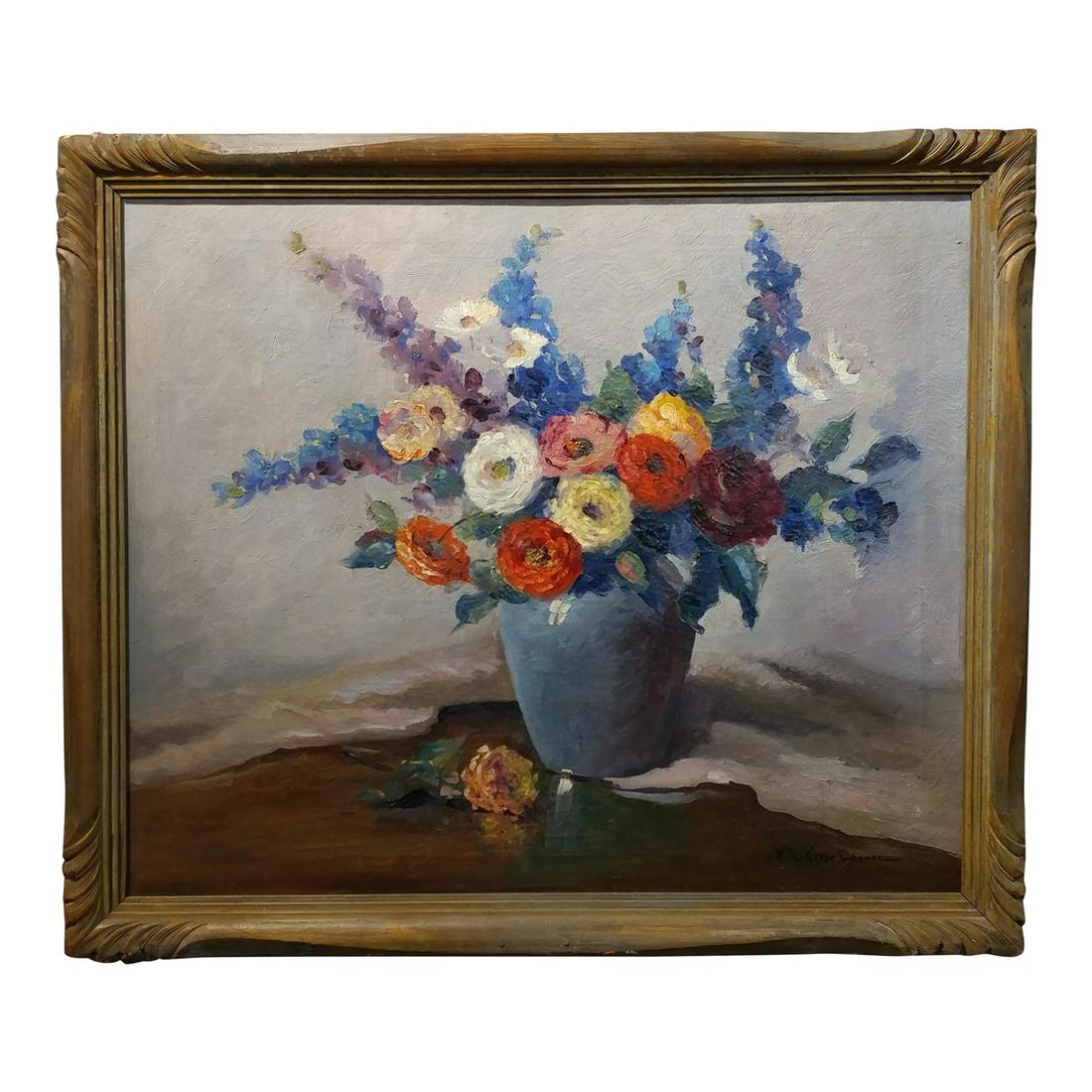 1920s Nell Walker Warner Floral Still Life Oil Painting: Name: 1920s Nell Walker Warner Floral Still Life Oil Painting Dimensions: 29W Ã— 2D Ã— 34H Period: 1920s Place of Origin: United States of America Item type: Vintage, Antique or Pre-owned Materi