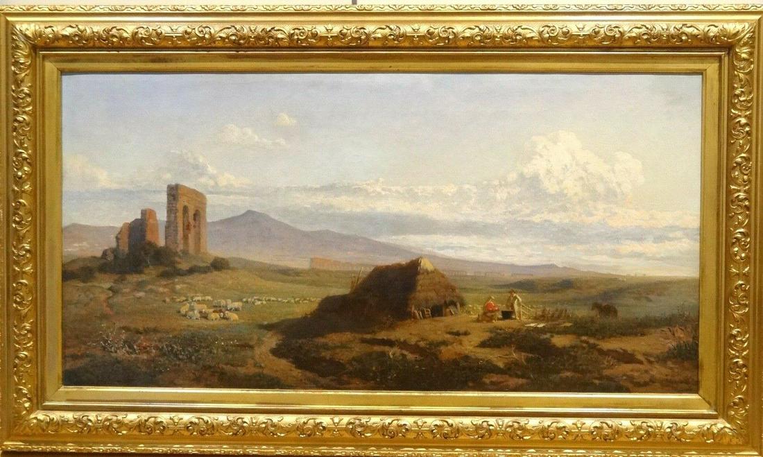 19th Century Italian Appian Way Rome Landscape Ruins: Name: 19th Century Italian Appian Way Rome Landscape Ruins Edward LEAR Oil Painting Year: 19th Century Size: 29" x 18" Medium: Oil Description: The Appian Way, Rome, 19th Century attributed to Edward