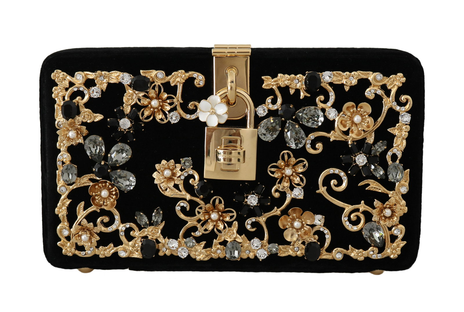 DOLCE & GABBANA BLACK VELVET GOLD BAROQUE CRYSTAL: Brand: DOLCE & GABBANA Model: Evening party clutch purse Crystals:Â Multicolor Material: 18% Silk, 82% Viscose VELVET Color: Black, gold metal detailing Measurements: 11cm x 19cm x 5cm