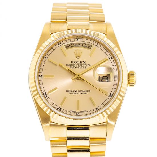 ROLEX DAY-DATE PRESIDENT: Brand: Rolex Model: Day-Date Case Size: 36mm Movement: Automatic Material: 18k Yellow Gold Band Material: 18k Yellow Gold Box: No Papers: No