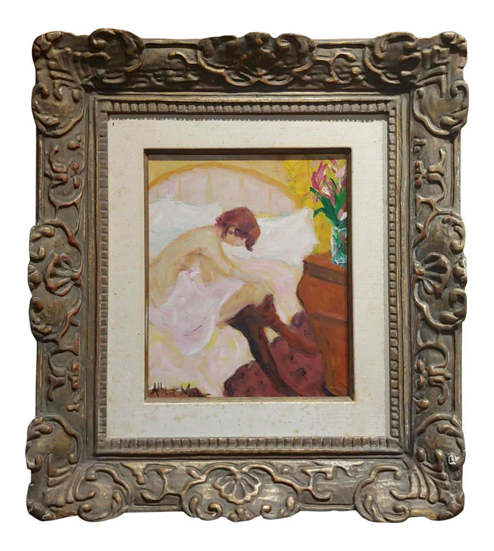 Albert Mohr -Woman Undressing in Bed - 1950s French: Name: Albert Mohr -Woman Undressing in Bed - 1950s French Impressionist Oil Painting Period: 1960s Place of Origin: North America Description: Albert Mohr -Young Woman Undressing-1950s Impressionist O