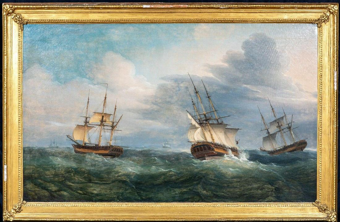 Huge 18th Century British Royal Navy Frigate IN Three: Name: Huge 18th Century British Royal Navy Frigate IN Three Positions THOMAS WHITCOMBE Year: 18th Century Size: 58" x 37" Medium: Oil Description: A Frigate In Three Positions, 18th Century attributed