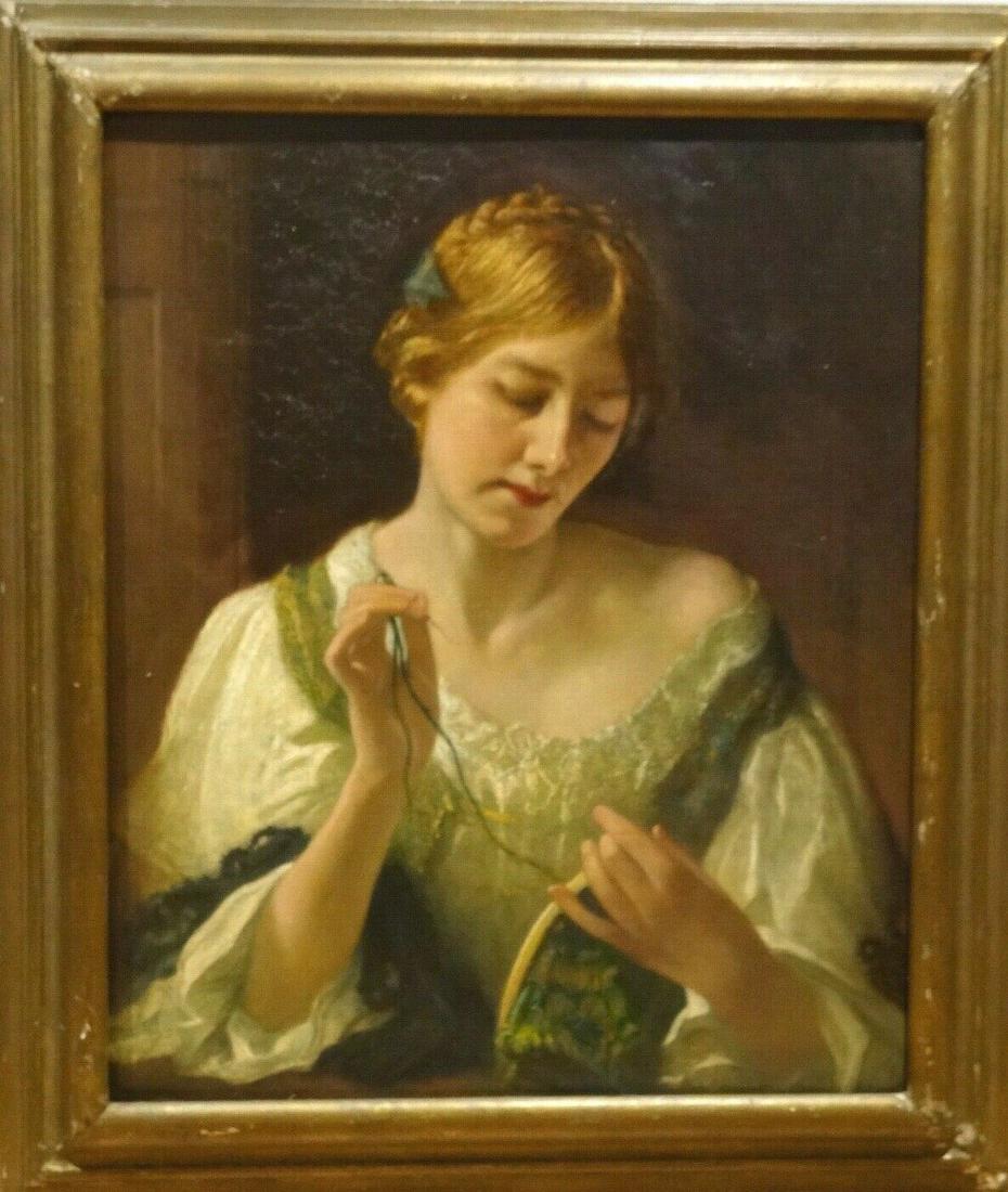 19th Century English Lady Portrait Tapestry Peter: Name: 19th Century English Lady Portrait Tapestry Peter Alexander Hay ex Royal Academy Year: 19th Century Size: 30" x 25" Medium: Oil Description: Portrait of a Tapestry Worker, 19th Century by Peter