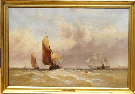 Fine 19th Century English Medway Shipping Marine Oil: Name: Fine 19th Century English Medway Shipping Marine Oil Painting George STAINTON Year: 19th Century Size: 26" x 18" Medium: Oil Description: Shipping On The Medway, 19th Century by George STAINTON