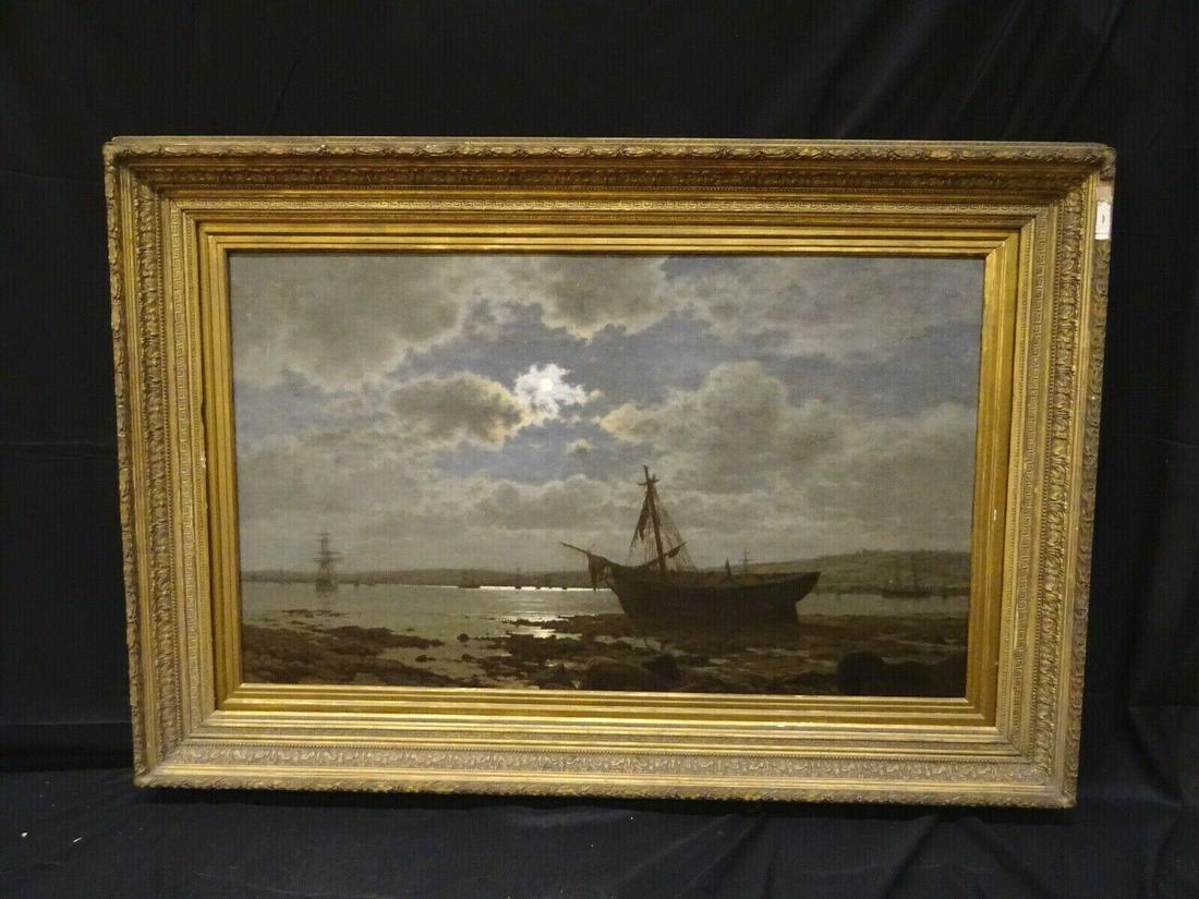 Huge 19th Century English Moonlit Coastal Landscape: Name: Huge 19th Century English Moonlit Coastal Landscape William Frederick MEYER Year: 19th Century Size: 51" x 35" Medium: Oil Description: Moonlit Coastal Landscape, 19th Century by William Frederi