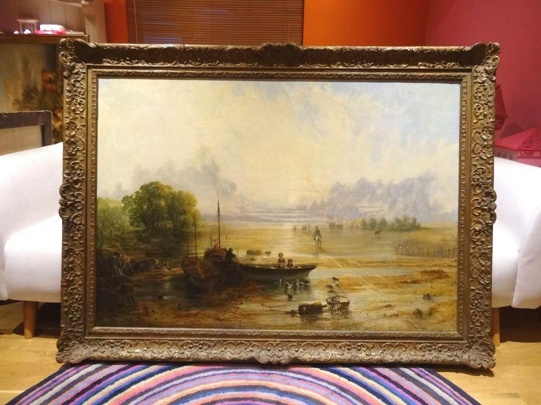 Huge 19th Century English Coastal Beach Landscape: Name: Huge 19th Century English Coastal Beach Landscape Antique John Wright OAKES Year: 19th Century Size: 57" x 43" Medium: Oil Description: Sunset Coastal Landscape, 19th Century John Wright OAKES (