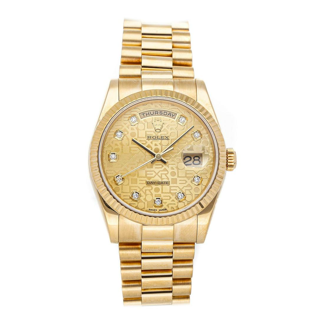 ROLEX DAY-DATE: Brand: Rolex Model: Day-Date Case Size: 36mm Movement: Mechanical (Automatic) Complications: Day and Date Material: Yellow Gold Band Material: Yellow Gold