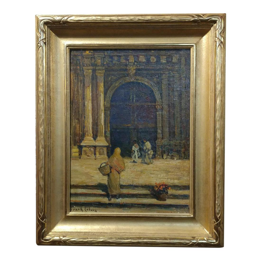 Frank Coburn Spanish Cathedral Steps Oil Painting: Name: Frank Coburn Spanish Cathedral Steps Oil Painting Materials: Paint Description: Frank Coburn - Beautiful Spanish Cathedral Steps- California Impressionist -Oil painting Oil painting on board -Si