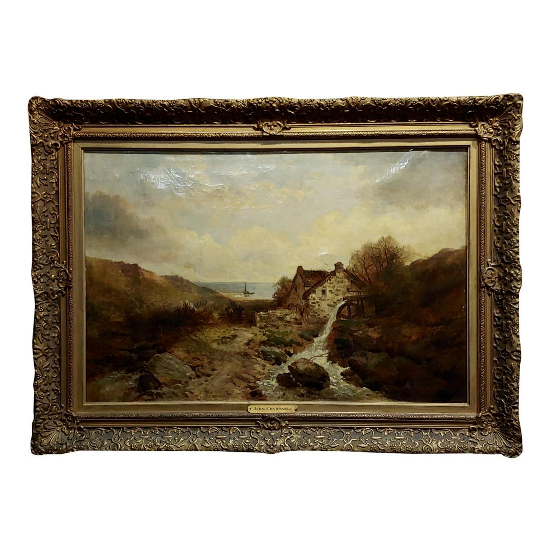 After John Constable - Cottage by the Sea -19th Century: Name: After John Constable - Cottage by the Sea -19th Century Oil Painting Period: 19th Century Place of Origin: North America Item type: Vintage, Antique or Pre-owned Materials: Canvas, Oil Paint Des