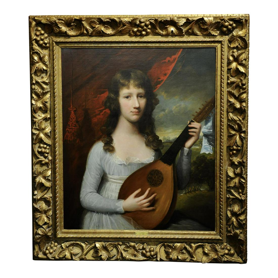John Singleton Copley Attributed 18th Century Oil: Name: John Singleton Copley Attributed 18th Century Oil Painting "Portrait of a Girl With Lute" Period: Late 18th Century Place of Origin: England Materials: Canvas, Engraving, Felt, Oil Paint, Silver