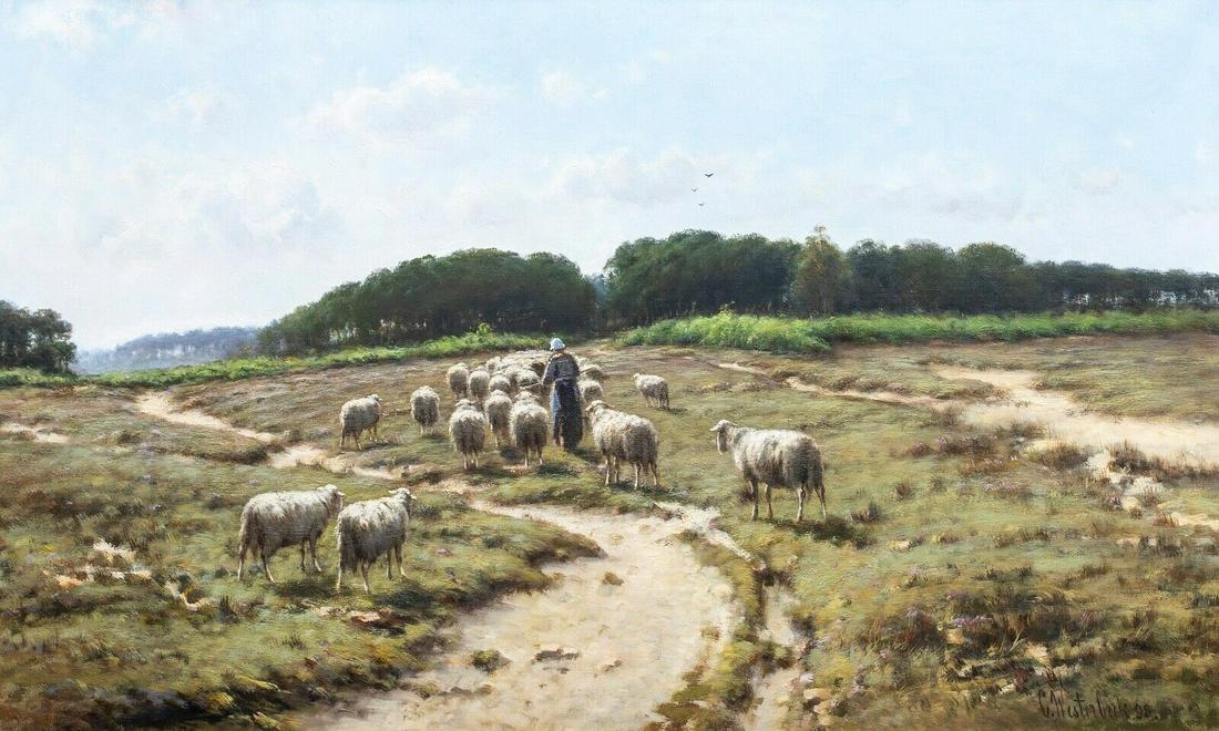 Huge 19th Century Dutch Landscape Driving The Sheep by: Name: Huge 19th Century Dutch Landscape Driving The Sheep by CORNELIS WESTERBEEK Year: 19th Century Size: 120cm x 90cm Medium: Oil Description: Driving The Sheep, 19th Century Cornelis I WESTERBEEK (1