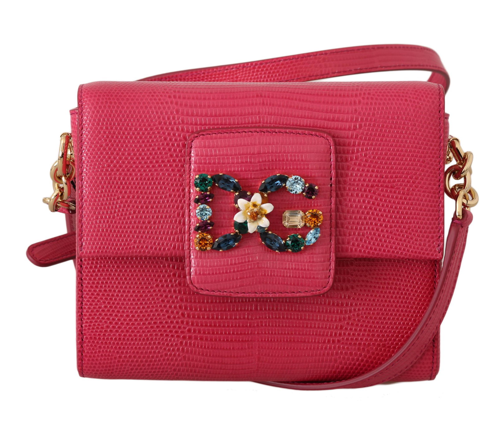 DOLCE & GABBANA PINK LEATHER MILLENNIALS CRYSTAL: Brand: DOLCE & GABBANA Model: MILLENNIALS Style: Mini bag Cross body shoulder Material: 100% Leather Color: Pink with gold metal detailing Strap: 120cm Measurements: 17cm x 14cm x 5cm