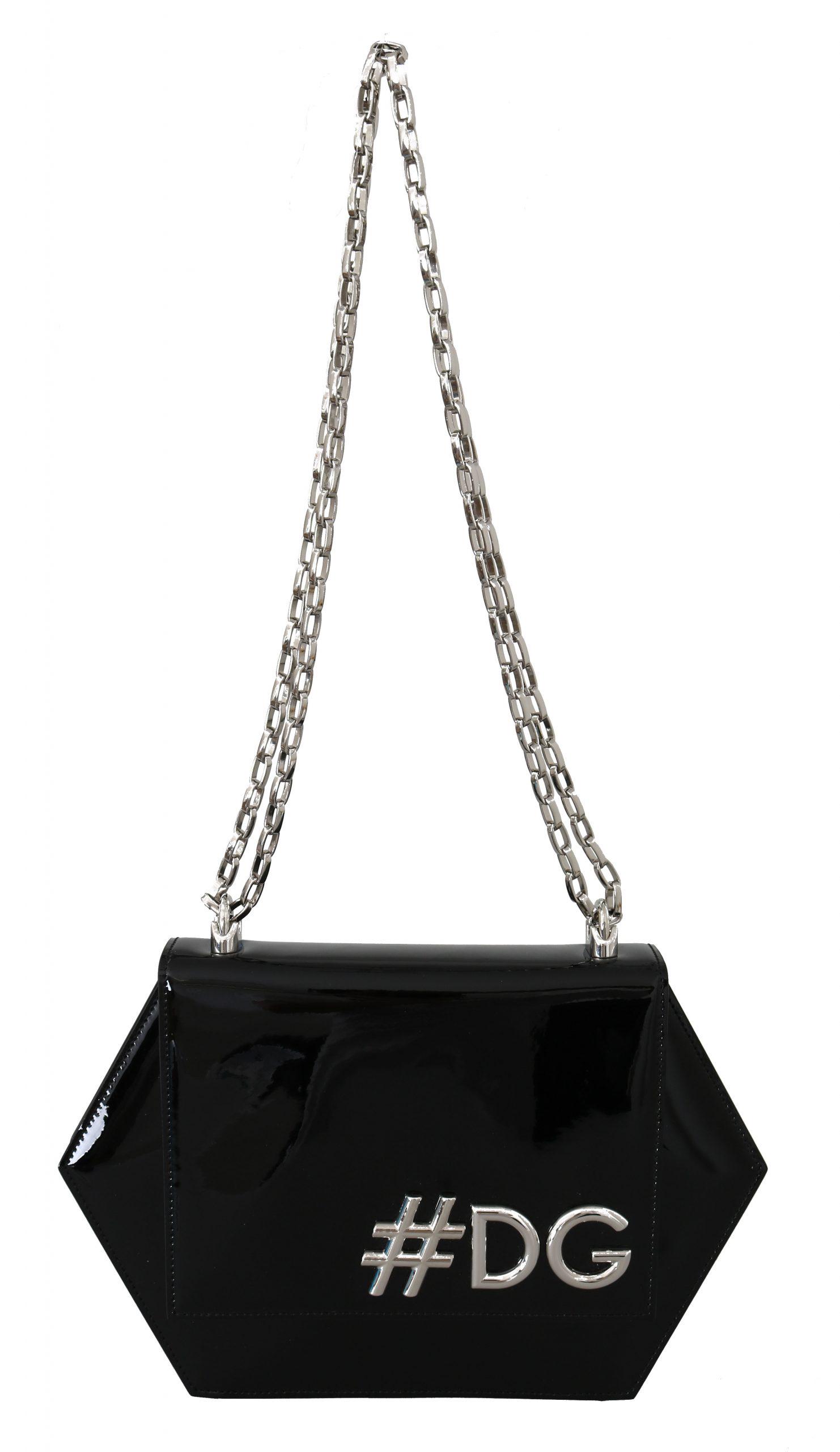 DOLCE & GABBANA BLACK PATENT LEATHER HEXAGONAL SHOULDER: Brand: DOLCE & GABBANA Model: Shoulder purse clutch Collection: #DG Material: 100% patent Leather Color: Black with silver metal detailing Strap: 70cm to 120cm Measurements: 20cm x 30cm x 7cm
