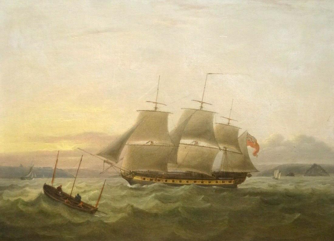 Large 18th Century Three Master Ship Sunset Sailing by: Name: Large 18th Century Three Master Ship Sunset Sailing by Thomas LUNY (1759-1837) Year: 19th Century Size: 33" x 26" Medium: Oil Description: Three Masted Ship Sailing off The Coast At Sunset, 18th