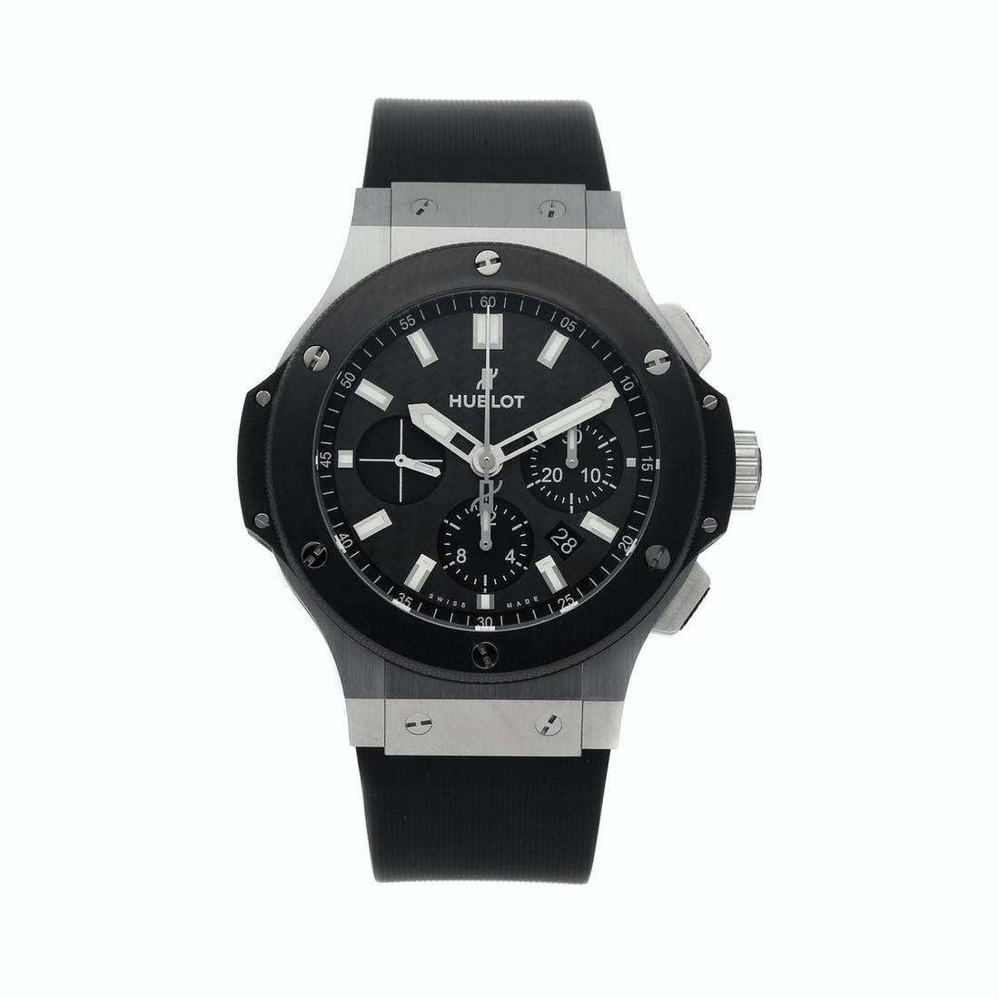HUBLOT BIG BANG CHRONOGRAPH: Brand: Hublot Model: Big Bang Chronograph Case Size: 44mm Movement: Mechanical (Automatic) Complications: Chronograph Date Material: Stainless Steel Band Material: Rubber Box/Papers: Box