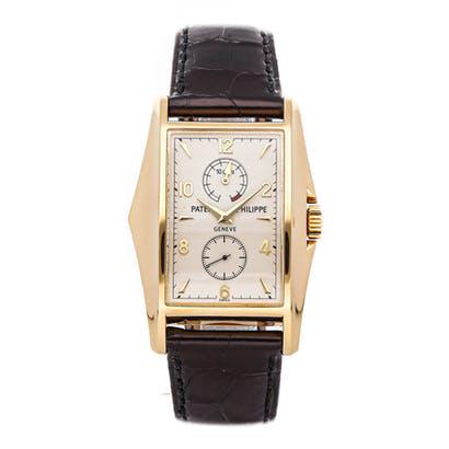 PATEK PHILIPPE COMPLICATIONS GONDOLO 10 DAY POWER: Brand: Patek Philippe Model: Complications Gondolo Case Size: 34mm x 44mm Movement: Mechanical (Hand-winding) Complications: Power Reserve Indicator Material: Yellow Gold Band Material: Alligator<br