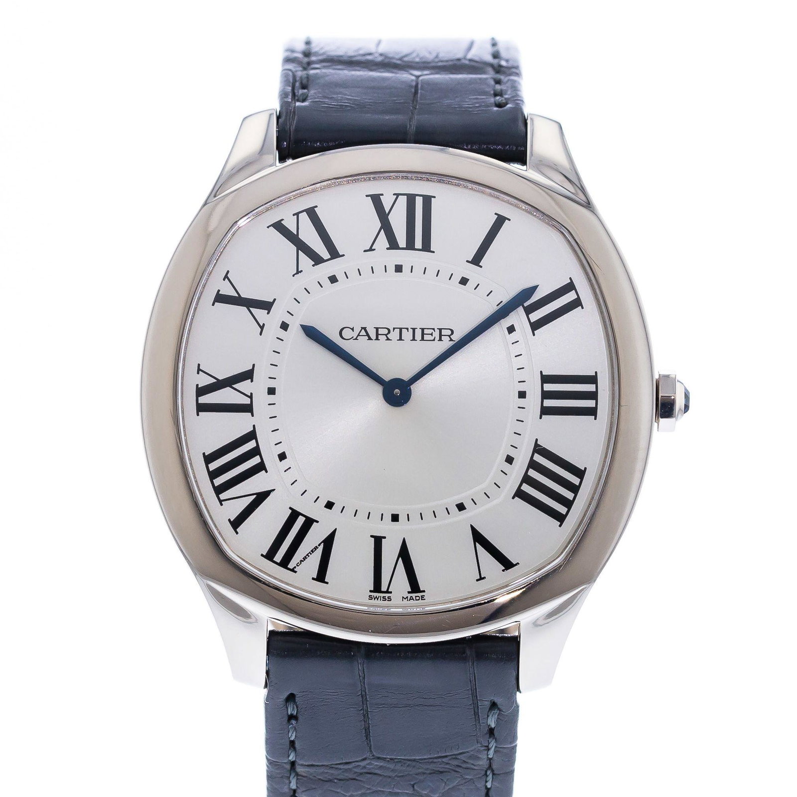 CARTIER DRIVE DE CARTIER EXTRA-FLAT LIMITED EDITION: Brand: Cartier Model: Drive de Cartier Case Size: 38mm Movement: Manual Material: 18k White Gold Band Material: Leather Box: No Papers: Yes
